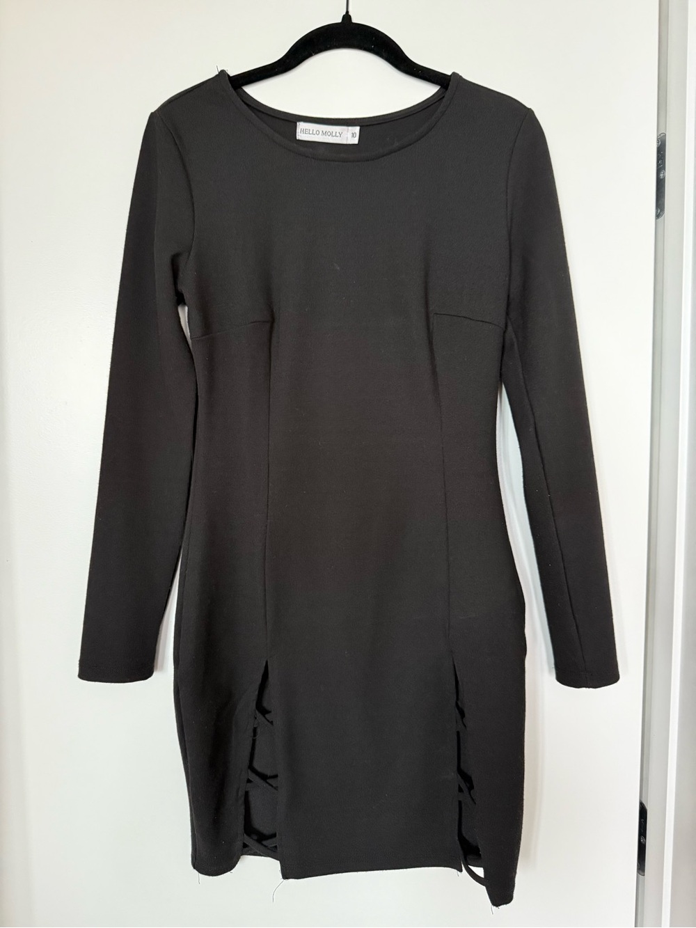 Hello Molly Black Long Sleeve Midi Bodycon Dress with Side Slits